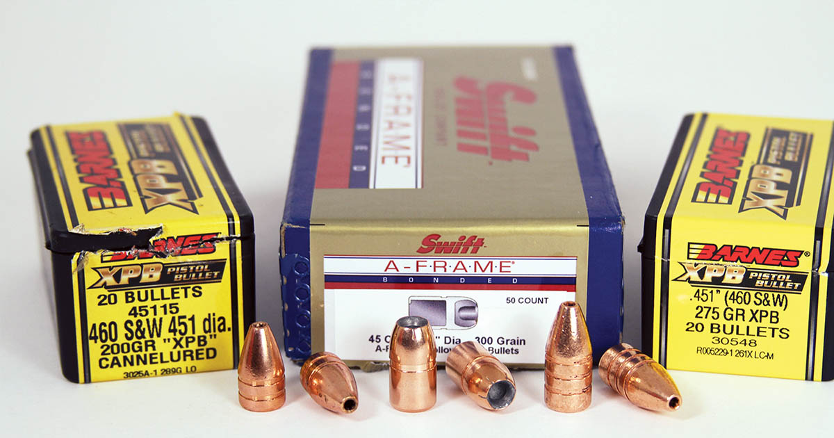 With better containment of expanding gases and increased propellant use, velocities from a carbine barrel can be substantially higher than with a handgun. For big-game hunting, the best options are homogenous in construction, such as the Barnes XPB, or bonded, including Swift’s A-Frame Revolver.